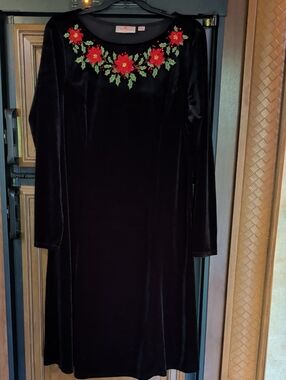Black Velvet Midi Dress with Red Floral Poinsettias Embroidery Holiday